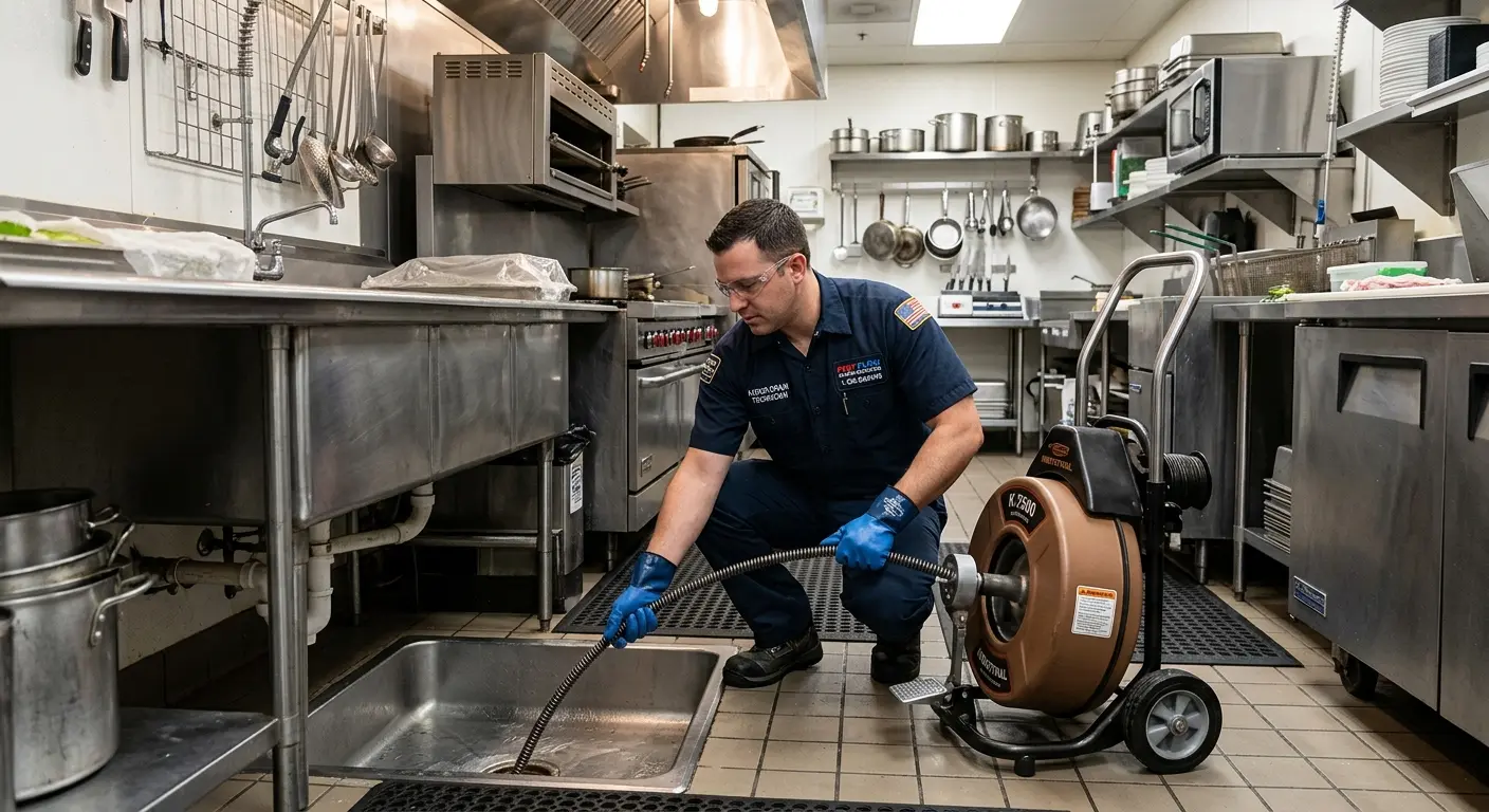Commercial drain cleaning service in a restaurant kitchen in Lumberton