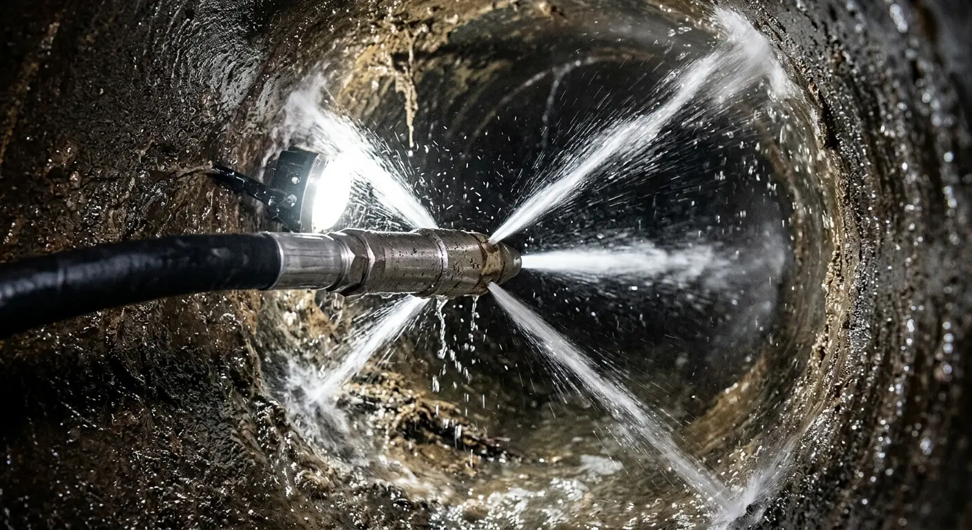 High-pressure hydro jetting nozzle cleaning sewer pipe for Storm Drain Cleaning in Lumberton