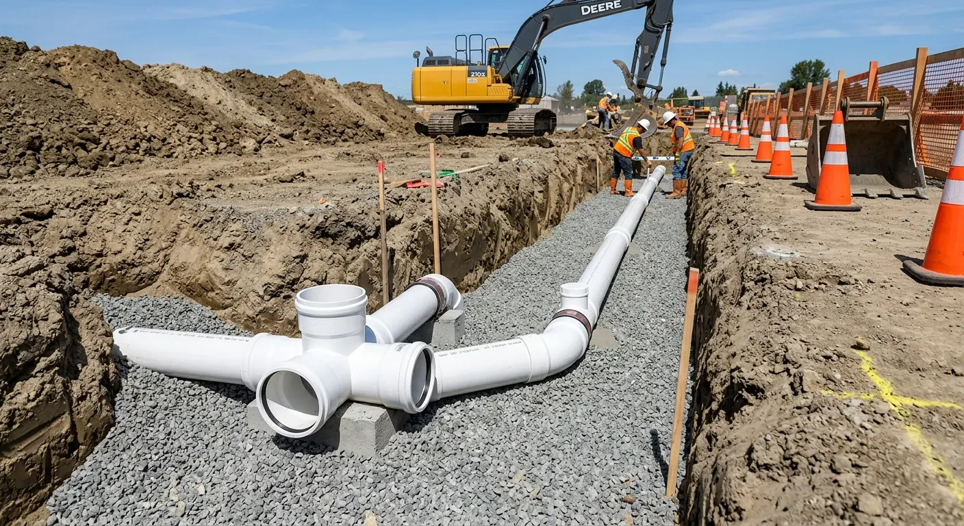 New PVC sewer pipe installation in open trench for Grease Trap Cleaning in Lumberton