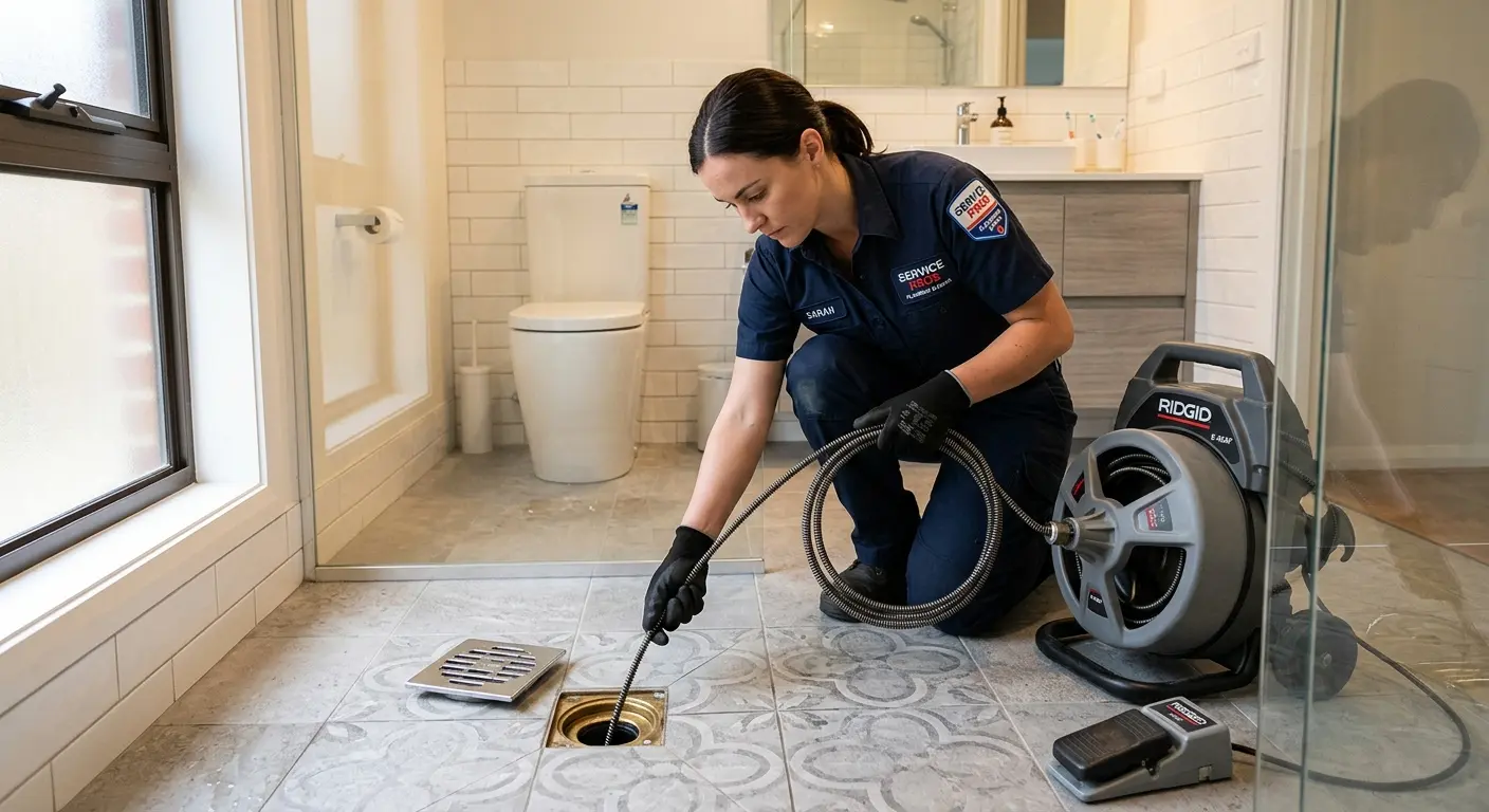 Technician clearing a bathroom floor drain for Drain Repair in Lumberton